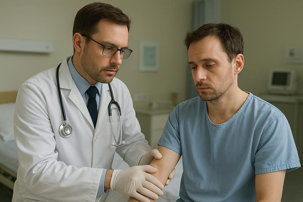 Doctor examining a male patient showing signs of rabies infection in a hospital room, with medical equipment visible in the background.