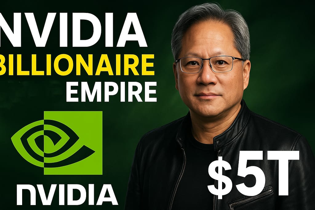 Jensen Huang और NVIDIA की 5 ट्रिलियन डॉलर वैल्यूएशन की — AI चिप्स और टेक्नोलॉजी इनोवेशन का प्रतीक।
