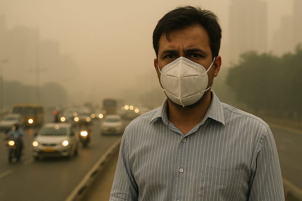 A man wearing an N95 mask standing on a heavily polluted road in India with dense smog and traffic in the background, highlighting dangerous AQI and toxic air conditions.