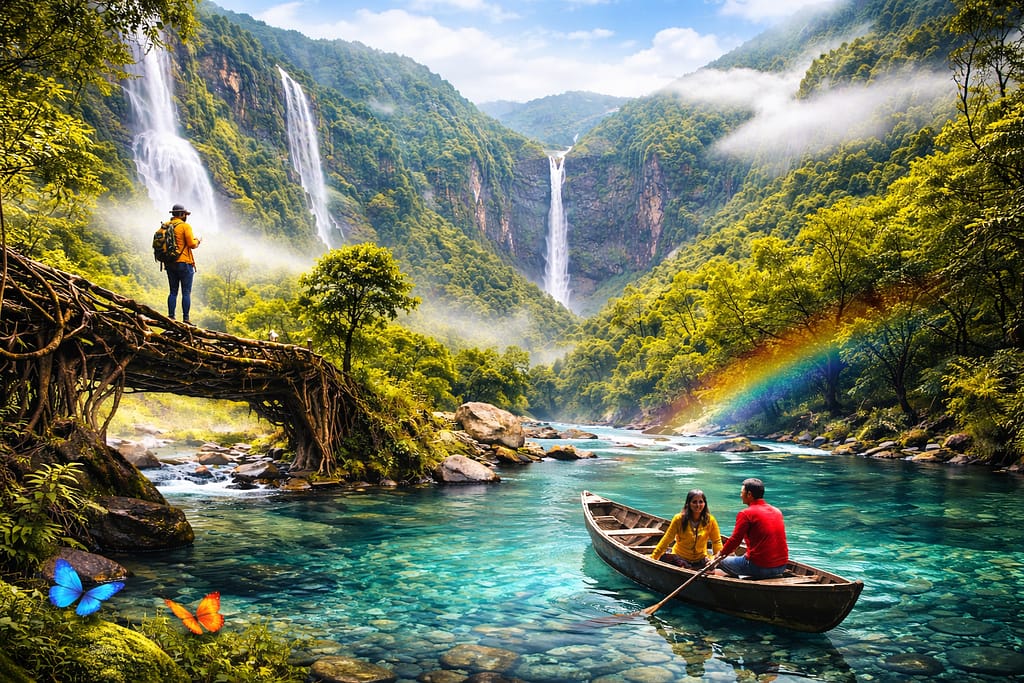 Meghalaya scenic landscape with crystal clear Umngot River, lush green hills and waterfalls