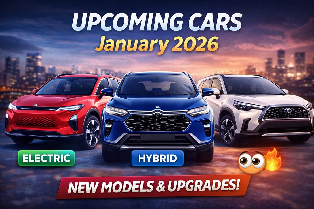 Upcoming car models launching in January 2026 including electric and hybrid SUVs
