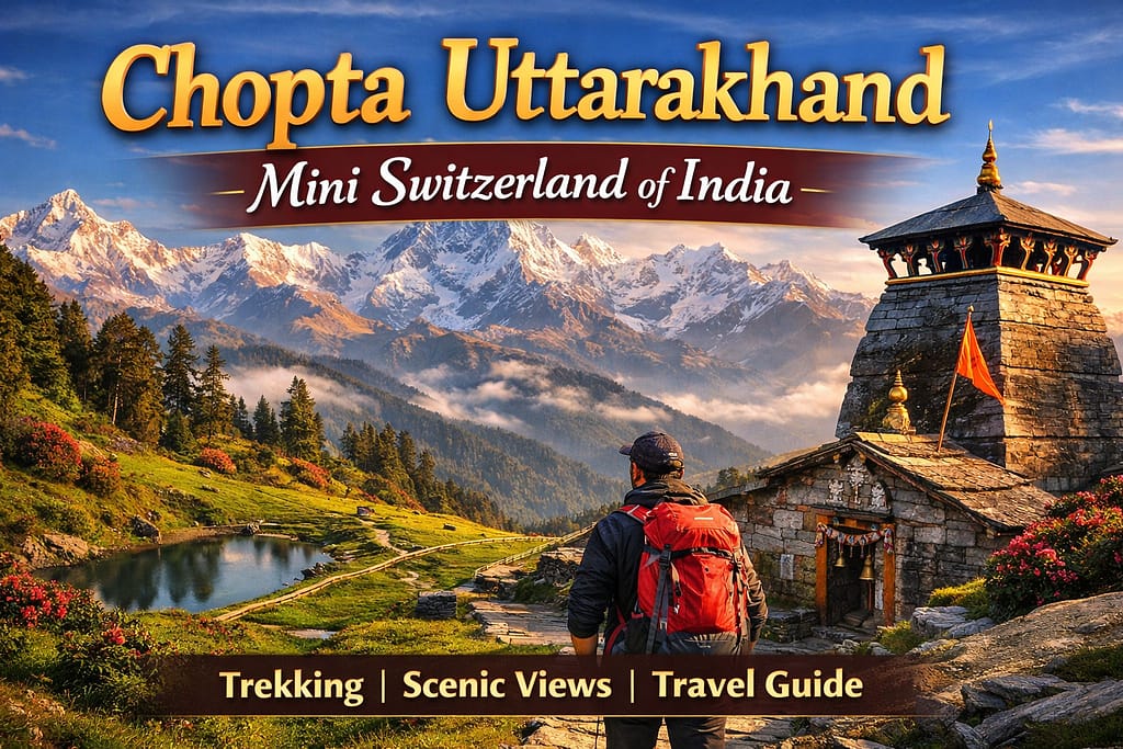 Chopta Uttarakhand Mini Switzerland of India with snow-capped Himalayan mountains, green meadows and Tungnath Temple