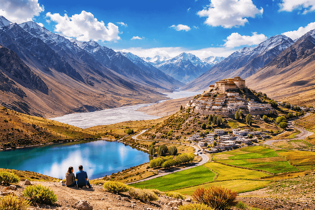 Spiti Valley scenic landscape in Himachal Pradesh with mountains and blue sky