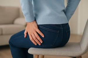 पाइल्स (बवासीर) से पीड़ित व्यक्ति दर्द और तकलीफ में बैठा हुआ – पाइल्स के लक्षण और इलाज की सच्ची कहानी