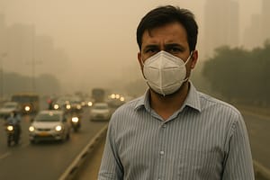 A man wearing an N95 mask standing on a heavily polluted road in India with dense smog and traffic in the background, highlighting dangerous AQI and toxic air conditions.
