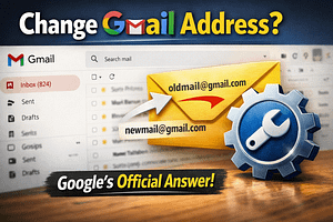 Google Gmail address change concept showing email interface and settings icon