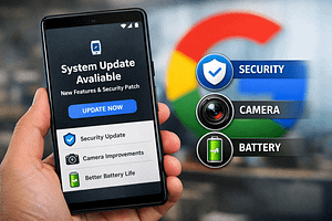 Google Pixel smartphone showing latest software update notification on screen