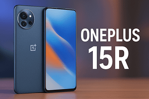 OnePlus 15R smartphone realistic design with AMOLED display and premium camera setup
