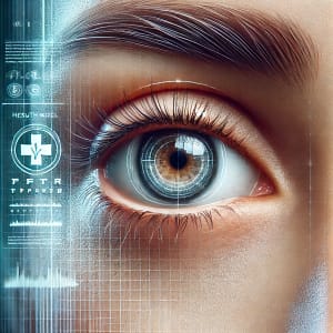 एक थकी हुई मानव आंख का क्लोज़-अप जिसमें स्क्रीन टाइम और ब्लू लाइट की वजह से दिखाई देने वाला strain दिख रहा है,