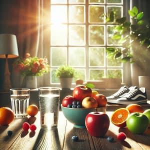A realistic morning lifestyle scene showing water glass, fresh fruits and walking shoes promoting healthy daily habits.
